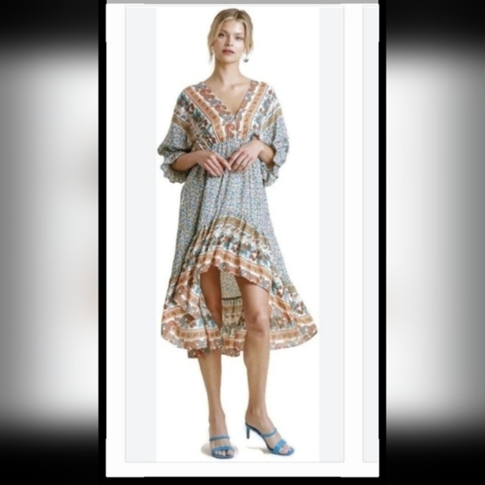Umgee Women Dress Stevie Nicks Floral  Cottagecore Belle Sleeve High Low Midi Md - Picture 2 of 9